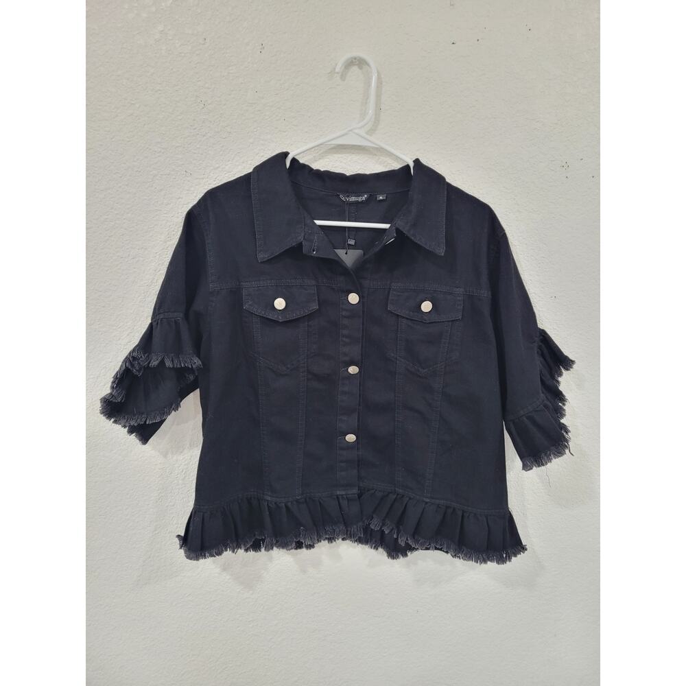 Suvimuga Women's Black Denim Jacket Button Down size XL‎ Raw Hem #13